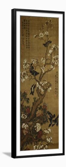 Birds in Flight and Perched on Blossoming Magnolia Branches-null-Framed Giclee Print