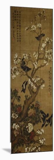 Birds in Flight and Perched on Blossoming Magnolia Branches-null-Mounted Giclee Print