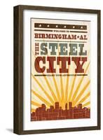 Birmingham, Alabama - Skyline and Sunburst Screenprint Style-Lantern Press-Framed Art Print