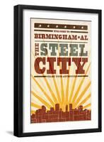 Birmingham, Alabama - Skyline and Sunburst Screenprint Style-Lantern Press-Framed Art Print