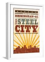 Birmingham, Alabama - Skyline and Sunburst Screenprint Style-Lantern Press-Framed Art Print