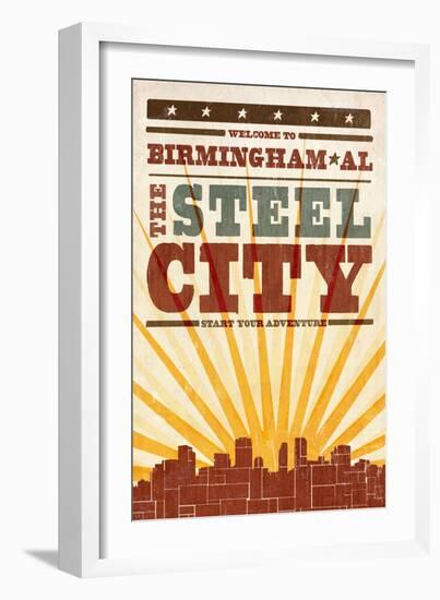 Birmingham, Alabama - Skyline and Sunburst Screenprint Style-Lantern Press-Framed Art Print