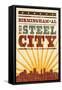Birmingham, Alabama - Skyline and Sunburst Screenprint Style-Lantern Press-Framed Stretched Canvas