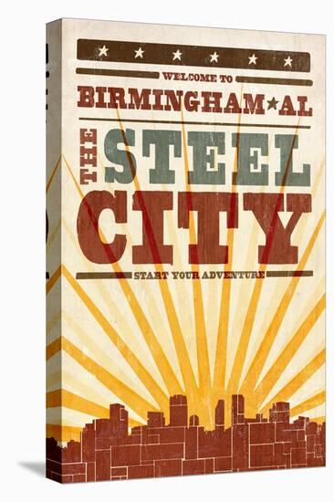 Birmingham, Alabama - Skyline and Sunburst Screenprint Style-Lantern Press-Stretched Canvas
