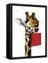 Birthday Giraffe on White, 2020, (Pen and Ink)-Mike Davis-Framed Stretched Canvas
