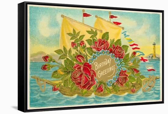 Birthday Greetings, Ship with Roses-null-Framed Stretched Canvas