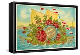 Birthday Greetings, Ship with Roses-null-Framed Stretched Canvas