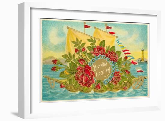 Birthday Greetings, Ship with Roses-null-Framed Art Print