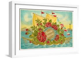 Birthday Greetings, Ship with Roses-null-Framed Art Print