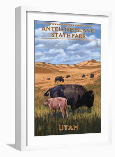 Bison and Calf Grazing - Antelope Island State Park-Lantern Press-Framed Art Print