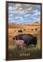 Bison and Calf Grazing - Antelope Island State Park-Lantern Press-Framed Art Print