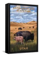 Bison and Calf Grazing - Antelope Island State Park-Lantern Press-Framed Stretched Canvas
