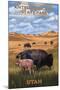 Bison and Calf Grazing - Antelope Island State Park-Lantern Press-Mounted Art Print