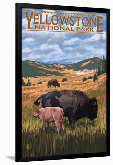 Bison and Calf Grazing - Yellowstone National Park-Lantern Press-Framed Art Print