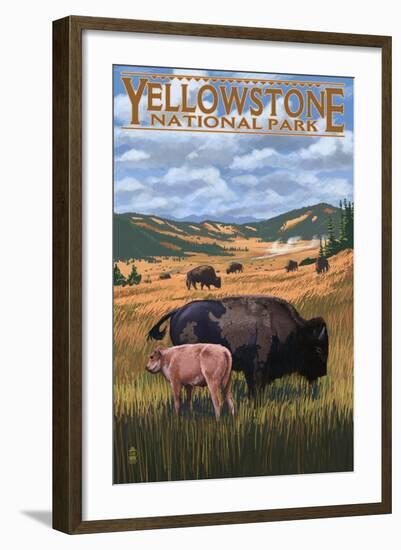 Bison and Calf Grazing - Yellowstone National Park-Lantern Press-Framed Art Print