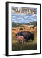 Bison and Calf Grazing - Yellowstone National Park-Lantern Press-Framed Art Print