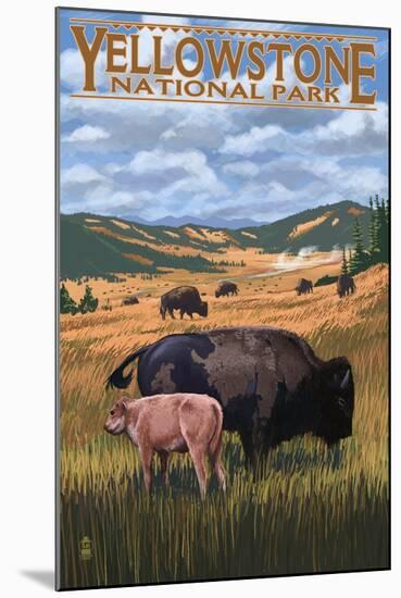 Bison and Calf Grazing - Yellowstone National Park-Lantern Press-Mounted Art Print