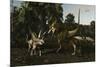 Bistahieversor Attacking a Pair of Pentaceratops-null-Mounted Art Print