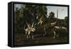 Bistahieversor Attacking a Pair of Pentaceratops-null-Framed Stretched Canvas