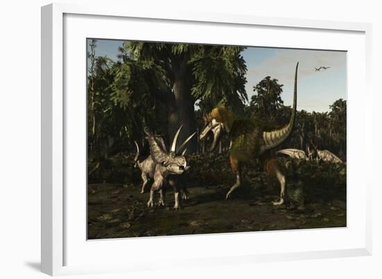 Bistahieversor Attacking a Pair of Pentaceratops-null-Framed Art Print
