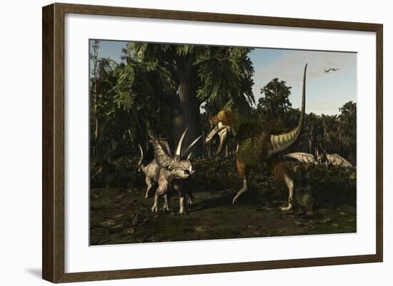 Bistahieversor Attacking a Pair of Pentaceratops-null-Framed Art Print