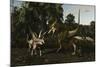 Bistahieversor Attacking a Pair of Pentaceratops-null-Mounted Art Print