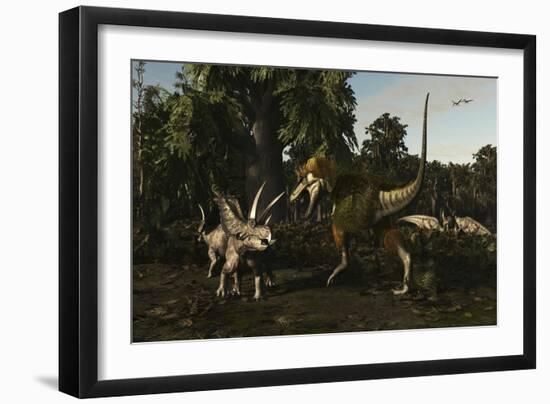 Bistahieversor Attacking a Pair of Pentaceratops-null-Framed Art Print