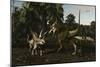 Bistahieversor Attacking a Pair of Pentaceratops-null-Mounted Art Print