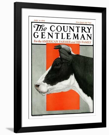 "Black and White Cow in Profile," Country Gentleman Cover, July 21, 1923-Charles Bull-Framed Giclee Print