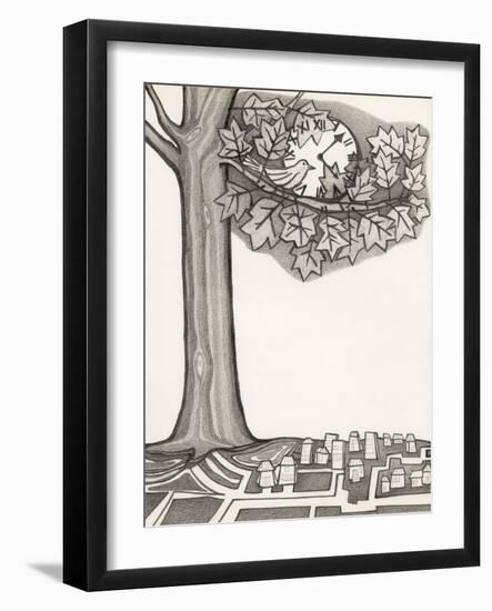 Black and White Drawing of Bird Looking at Clock on Tree Branch-Marie Bertrand-Framed Giclee Print