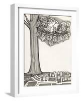 Black and White Drawing of Bird Looking at Clock on Tree Branch-Marie Bertrand-Framed Giclee Print