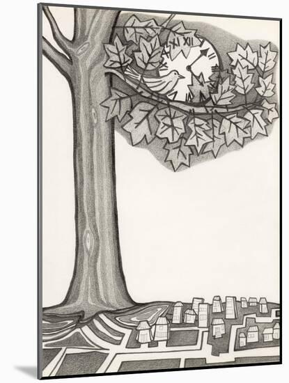 Black and White Drawing of Bird Looking at Clock on Tree Branch-Marie Bertrand-Mounted Giclee Print