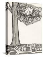 Black and White Drawing of Bird Looking at Clock on Tree Branch-Marie Bertrand-Stretched Canvas