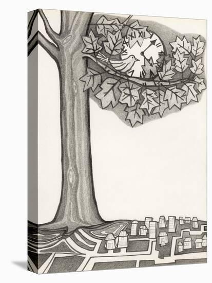 Black and White Drawing of Bird Looking at Clock on Tree Branch-Marie Bertrand-Stretched Canvas