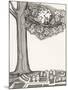 Black and White Drawing of Bird Looking at Clock on Tree Branch-Marie Bertrand-Mounted Giclee Print