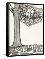 Black and White Drawing of Bird Looking at Clock on Tree Branch-Marie Bertrand-Framed Stretched Canvas