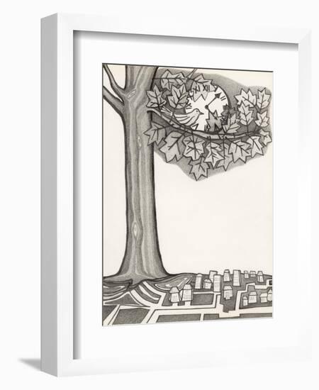 Black and White Drawing of Bird Looking at Clock on Tree Branch-Marie Bertrand-Framed Giclee Print