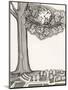 Black and White Drawing of Bird Looking at Clock on Tree Branch-Marie Bertrand-Mounted Giclee Print