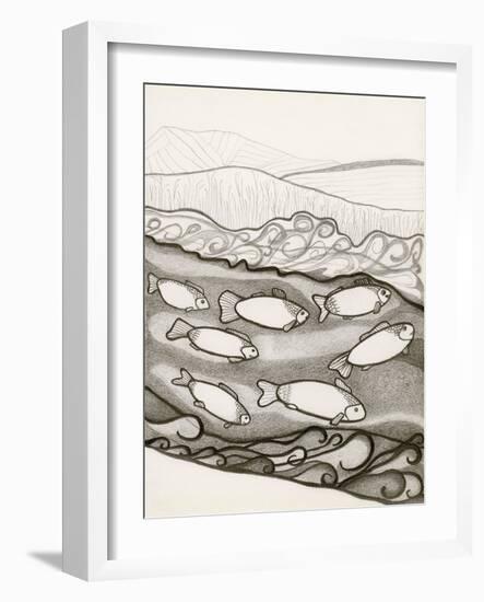 Black and White Drawing of Fish Swimming in River-Marie Bertrand-Framed Giclee Print