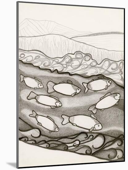 Black and White Drawing of Fish Swimming in River-Marie Bertrand-Mounted Giclee Print