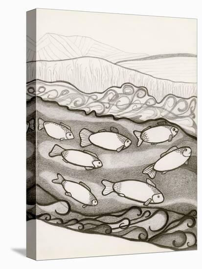 Black and White Drawing of Fish Swimming in River-Marie Bertrand-Stretched Canvas