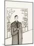 Black and White Drawing of Man Standing with Flowers in Hand-Marie Bertrand-Mounted Giclee Print