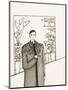 Black and White Drawing of Man Standing with Flowers in Hand-Marie Bertrand-Mounted Giclee Print