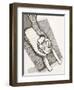 Black and White Drawing of Man with Tiger on Carpet-Marie Bertrand-Framed Giclee Print