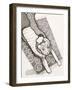 Black and White Drawing of Man with Tiger on Carpet-Marie Bertrand-Framed Giclee Print