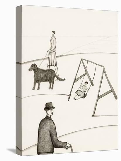 Black and White Drawing of People Taking Walk Outside-Marie Bertrand-Stretched Canvas