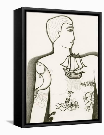 Black and White Drawing of Tattooed Man-Marie Bertrand-Framed Stretched Canvas