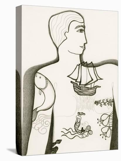 Black and White Drawing of Tattooed Man-Marie Bertrand-Stretched Canvas