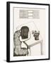 Black and White Drawing of Woman Sitting at Table, Head in Her Arms-Marie Bertrand-Framed Giclee Print