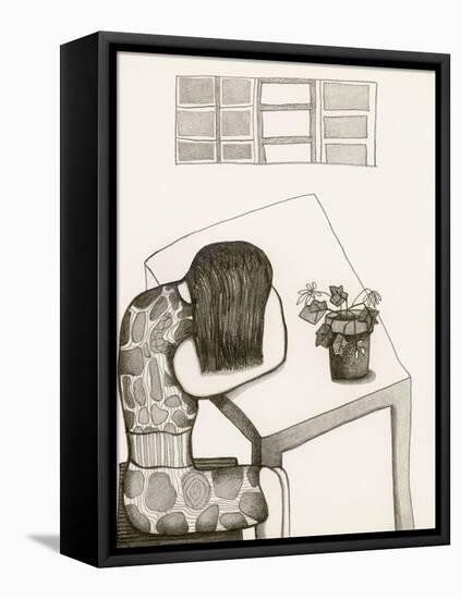 Black and White Drawing of Woman Sitting at Table, Head in Her Arms-Marie Bertrand-Framed Stretched Canvas